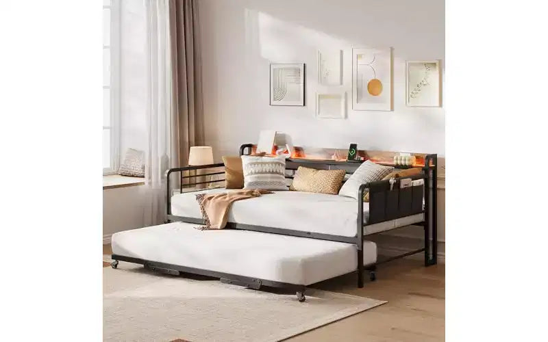 Sofá Cama Doble Metálico Blanco/Negro con Cama Nido Elevable, Cabecero con Almacenamiento y Luz LED, Capacidad para 2 Personas