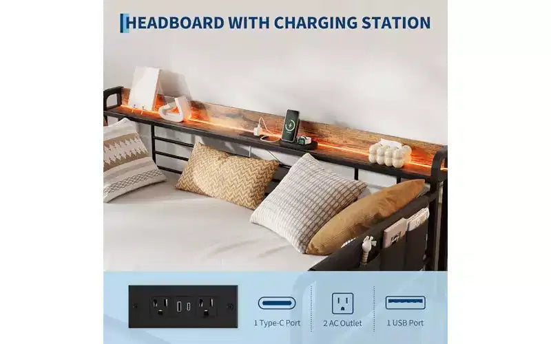 Sofá Cama Doble Metálico Blanco/Negro con Cama Nido Elevable, Cabecero con Almacenamiento y Luz LED, Capacidad para 2 Personas