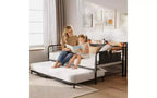 Sofá Cama Doble Metálico Blanco/Negro con Cama Nido Elevable, Cabecero con Almacenamiento y Luz LED, Capacidad para 2 Personas