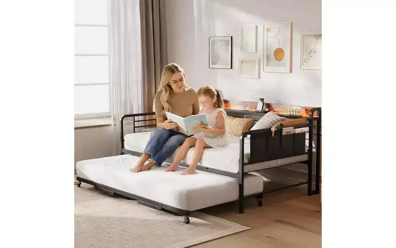 Sofá Cama Doble Metálico Blanco/Negro con Cama Nido Elevable, Cabecero con Almacenamiento y Luz LED, Capacidad para 2 Personas