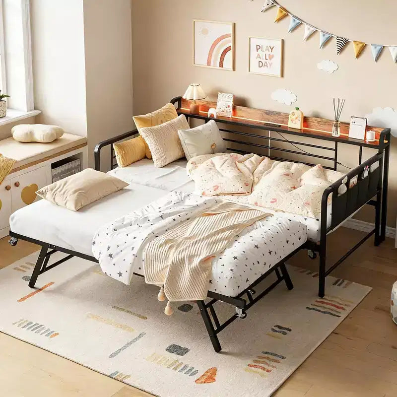 Daybed with Trundle Bed,Twin Bed Frame with Storage Headboard and LED Light,Heavy Duty Metal Day Bed Pop Up Trundle Bed for Living Room,Bedroom