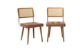 Natural Rattan Dining Chairs Set of 2 - Modern Kitchen Chairs with Mesh Back & Wood Leg Base, Mid Century Upholstered Linen Fabric Beige