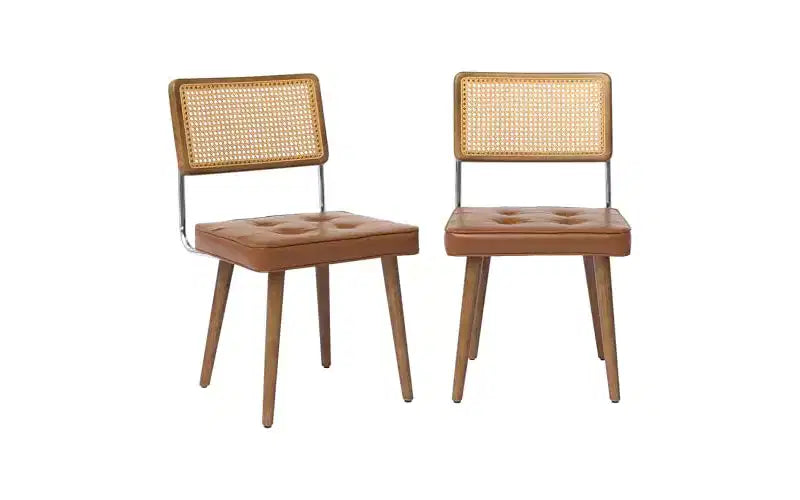 Natural Rattan Dining Chairs Set of 2 - Modern Kitchen Chairs with Mesh Back & Wood Leg Base, Mid Century Upholstered Linen Fabric Beige