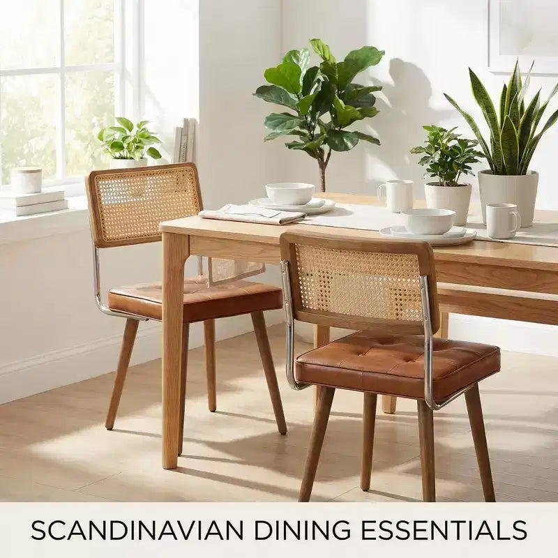 Silla de comedor sin brazos de ratán natural, lino beige, juego de 2
