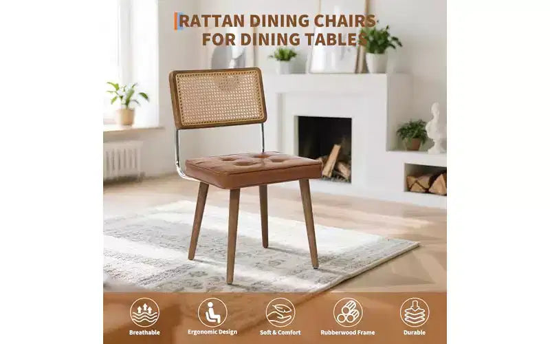 Silla de comedor sin brazos de ratán natural, lino beige, juego de 2