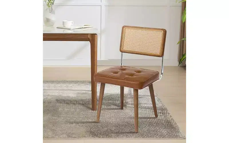Silla de comedor sin brazos de ratán natural, lino beige, juego de 2