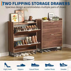 Slim Recessed Shoe Rack  Modern wooden entryway storage unit with 2 rotating drawers, 11.8-inch deep, space-saving freestanding shoe rack.