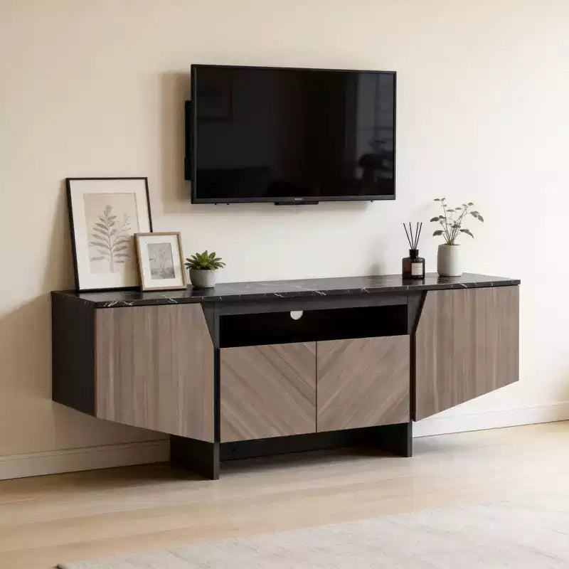 CuisinSmart 63''L Mid Century Modern TV Stand with Opening-Shelf Storage, Under TV Cabinet with 4 Doors, Wooden TV Stands for Living Room Apartment