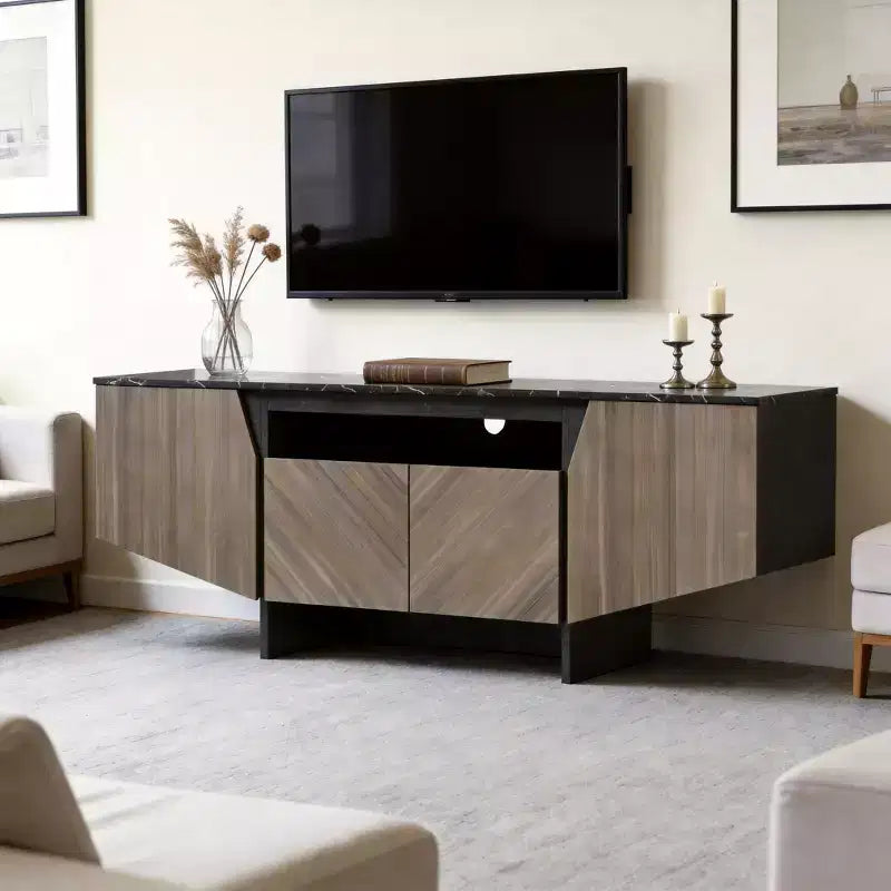 Mueble de TV Marrón Moderno de Mediados de Siglo con 4 Puertas, Soporta hasta televisores de 70", Asientos 1