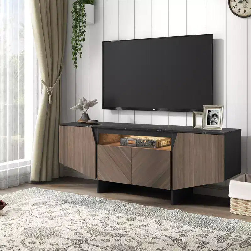 Mueble de TV Marrón Moderno de Mediados de Siglo con 4 Puertas, Soporta hasta televisores de 70", Asientos 1