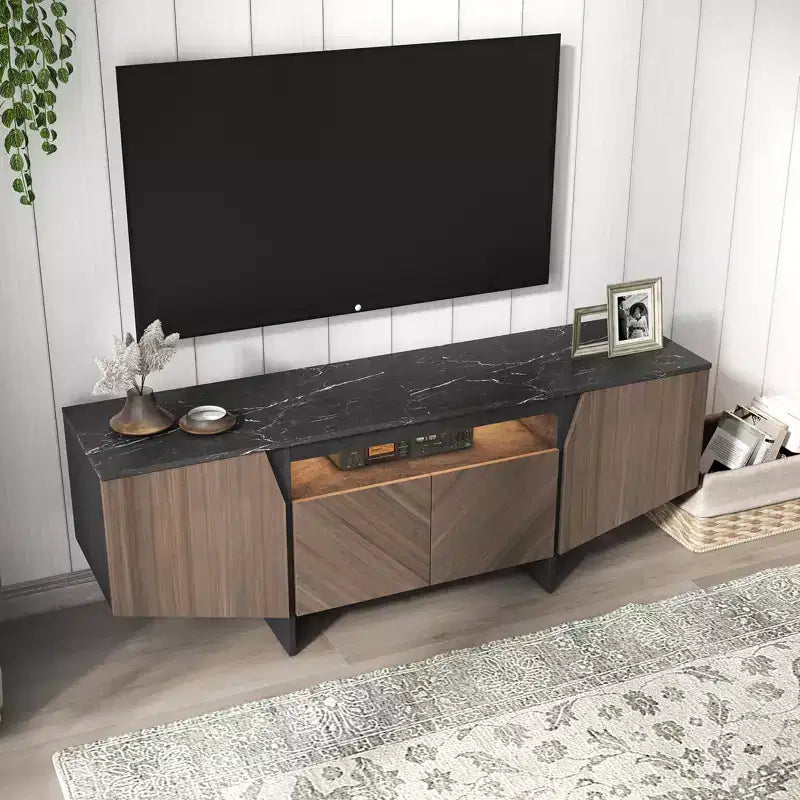 Mueble de TV Marrón Moderno de Mediados de Siglo con 4 Puertas, Soporta hasta televisores de 70", Asientos 1