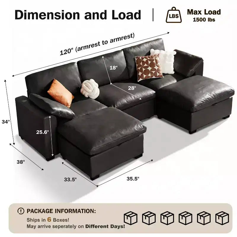 Sofá seccional modular de gran tamaño de 305 cm, lino/cuero sintético, 4 asientos