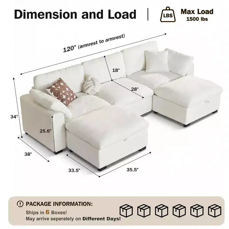 Sofá seccional modular de gran tamaño de 305 cm, lino/cuero sintético, 4 asientos