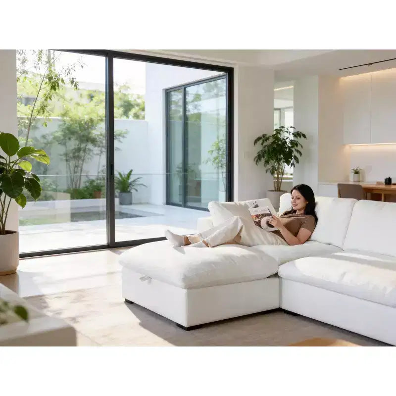Sofá seccional modular de gran tamaño de 305 cm, lino/cuero sintético, 4 asientos