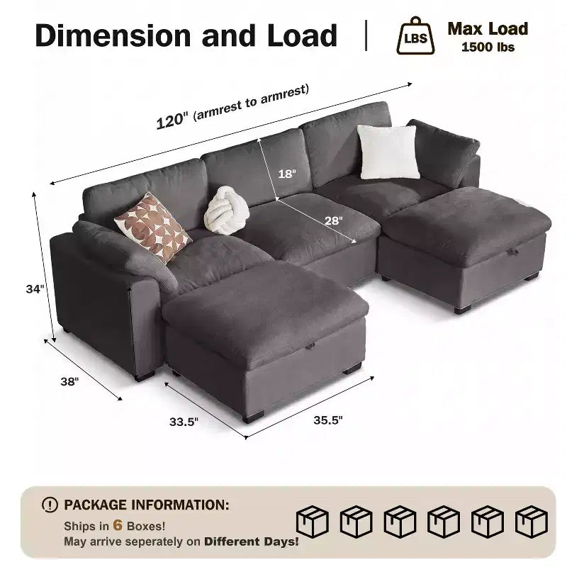 Sofá seccional modular de gran tamaño de 305 cm, lino/cuero sintético, 4 asientos