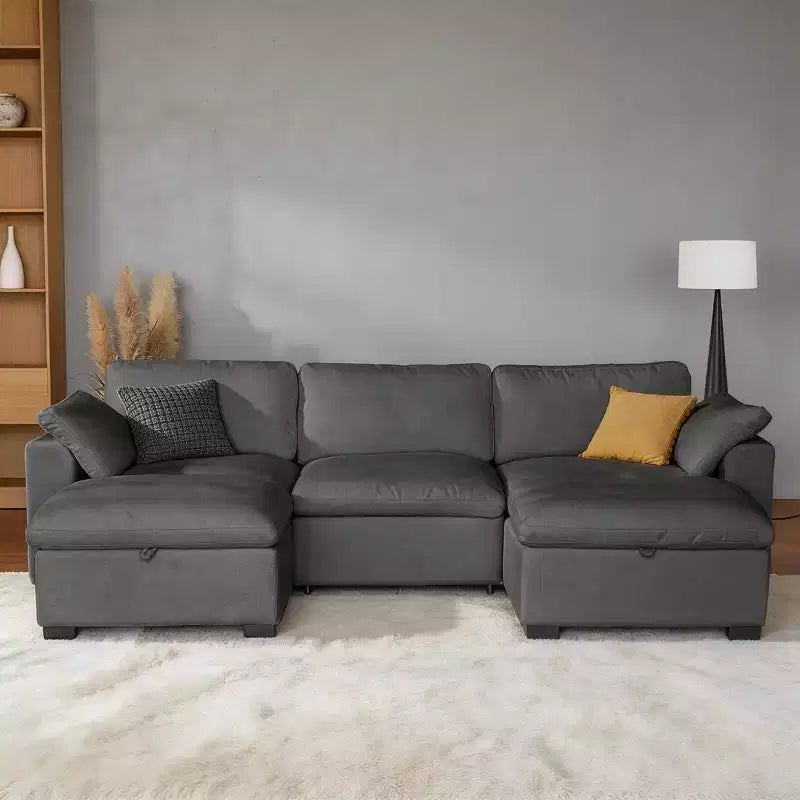 Sofá seccional modular de gran tamaño de 305 cm, lino/cuero sintético, 4 asientos