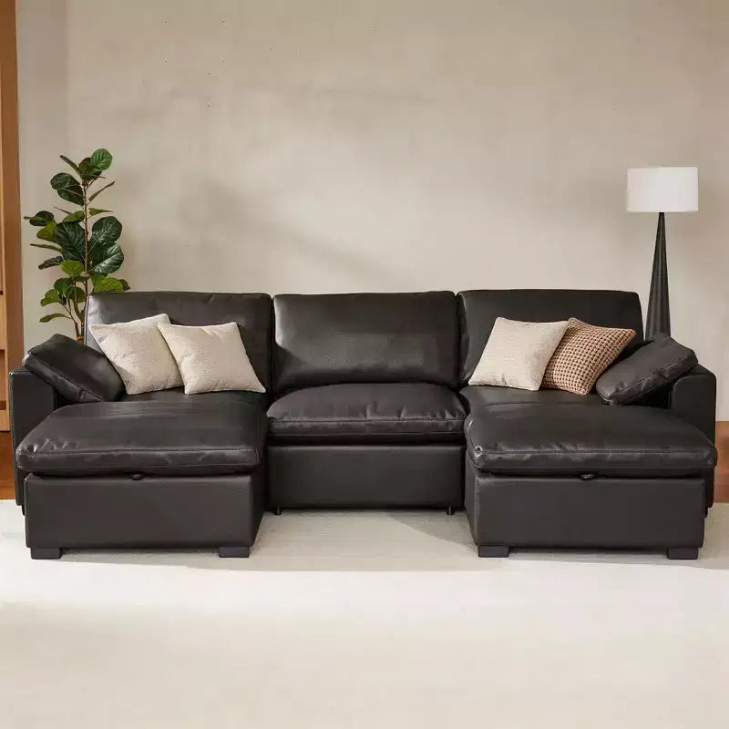 Sofá seccional modular de gran tamaño de 305 cm, lino/cuero sintético, 4 asientos