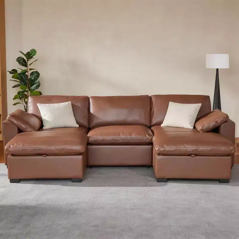 Sofá seccional modular de gran tamaño de 305 cm, lino/cuero sintético, 4 asientos