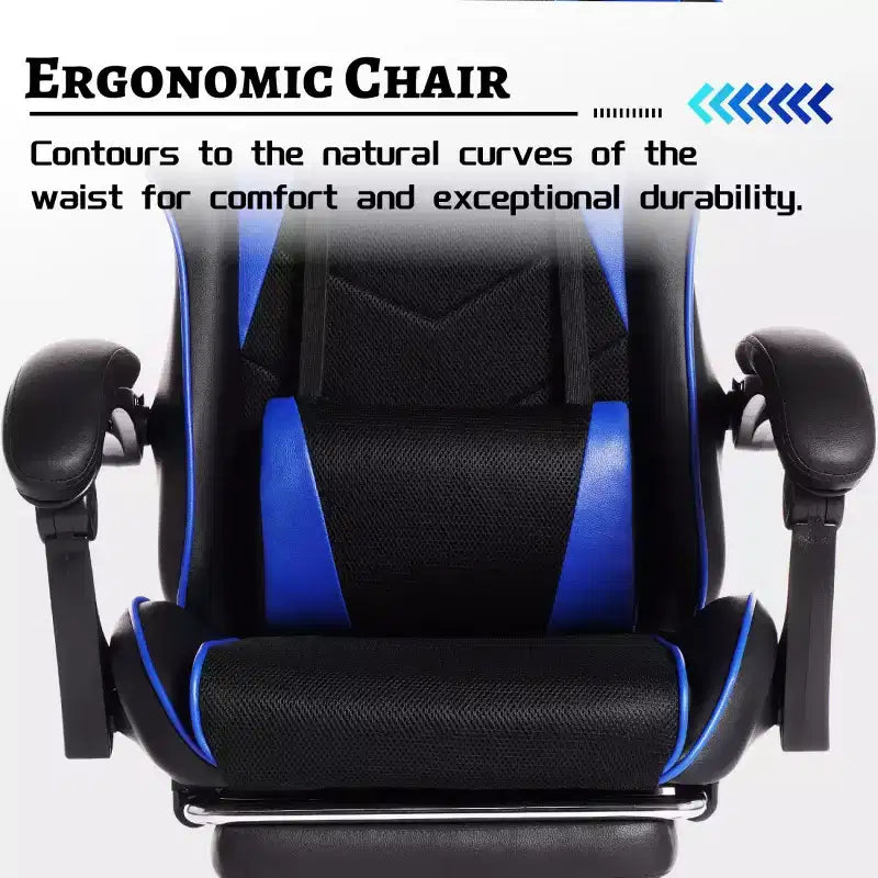 Sillón de juego reclinable de cuero sintético (PU) negro/azul/rojo/blanco con reposapiés, asiento individual