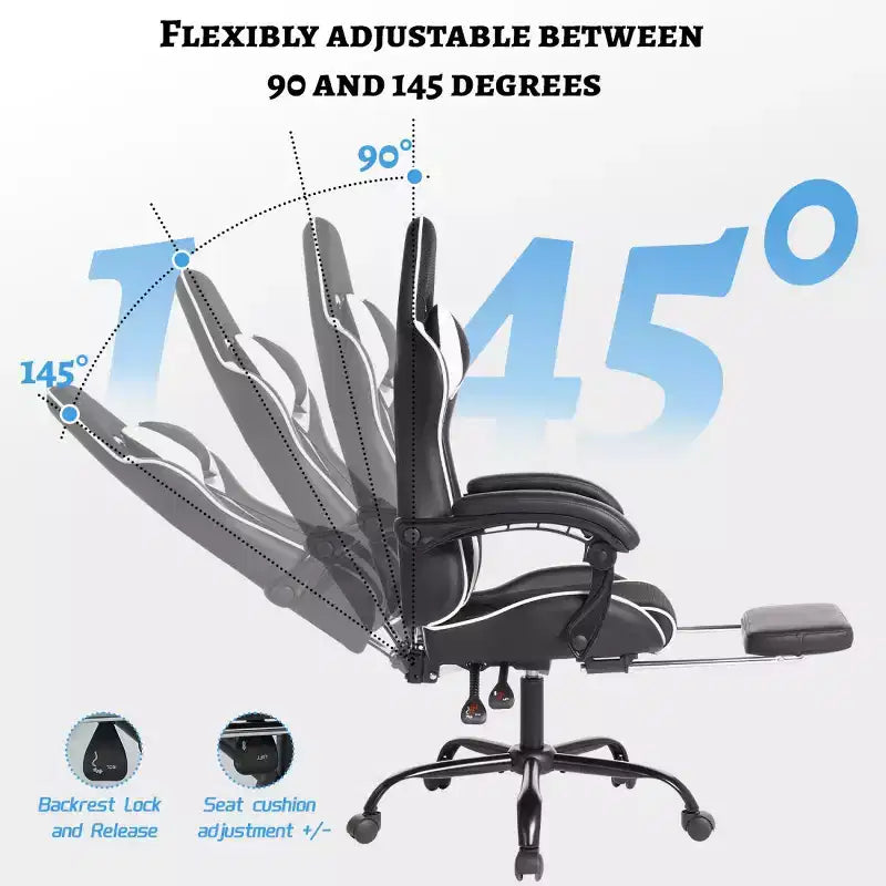 Sillón de juego reclinable de cuero sintético (PU) negro/azul/rojo/blanco con reposapiés, asiento individual