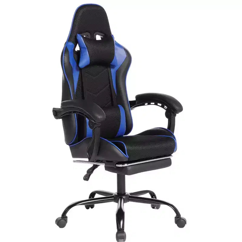 Sillón de juego reclinable de cuero sintético (PU) negro/azul/rojo/blanco con reposapiés, asiento individual