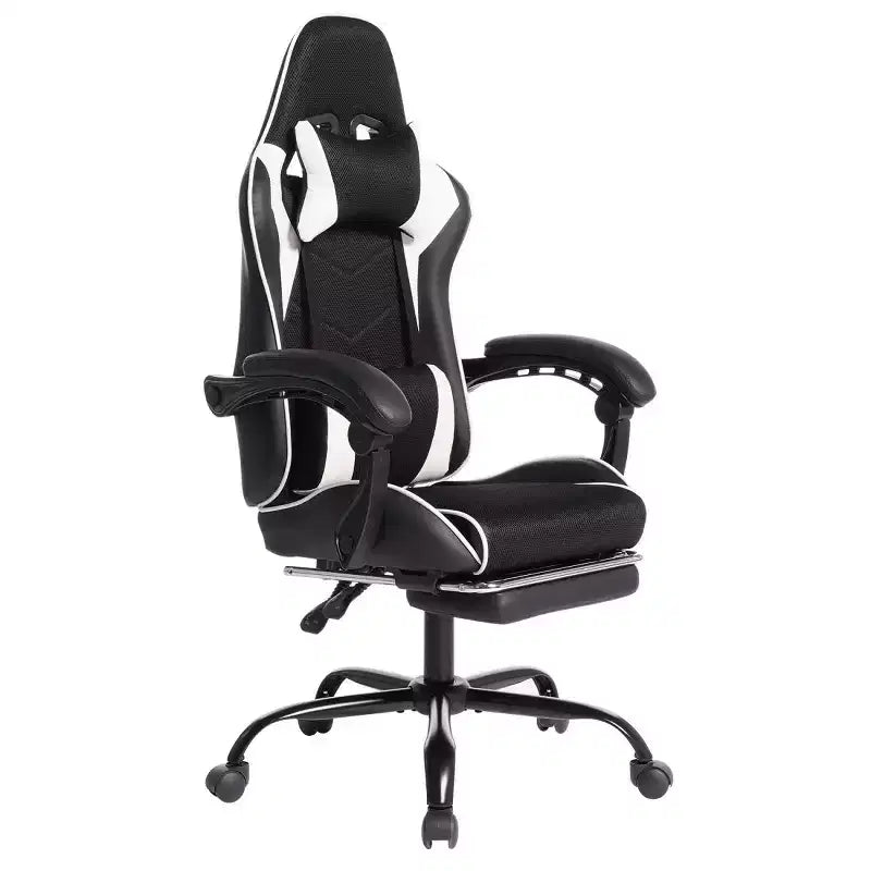 Sillón de juego reclinable de cuero sintético (PU) negro/azul/rojo/blanco con reposapiés, asiento individual