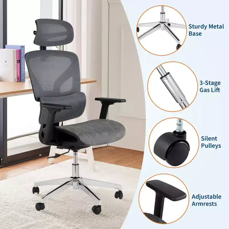Silla de oficina de malla con respaldo alto negra/gris – Asiento único, ajustable