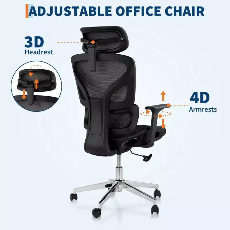 Silla de oficina de malla con respaldo alto negra/gris – Asiento único, ajustable