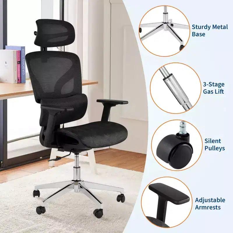Silla de oficina de malla con respaldo alto negra/gris – Asiento único, ajustable