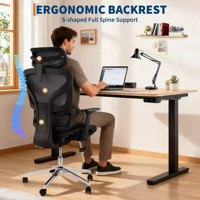 Silla de oficina de malla con respaldo alto negra/gris – Asiento único, ajustable
