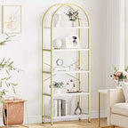 CuisinSmart 5 Tier Bookshelf, 2pcs Arched Bookshelf Display Shelf Rack, Metal+Wood Tall Standing Bookshelves for Home Office, Living Room, Gold-White