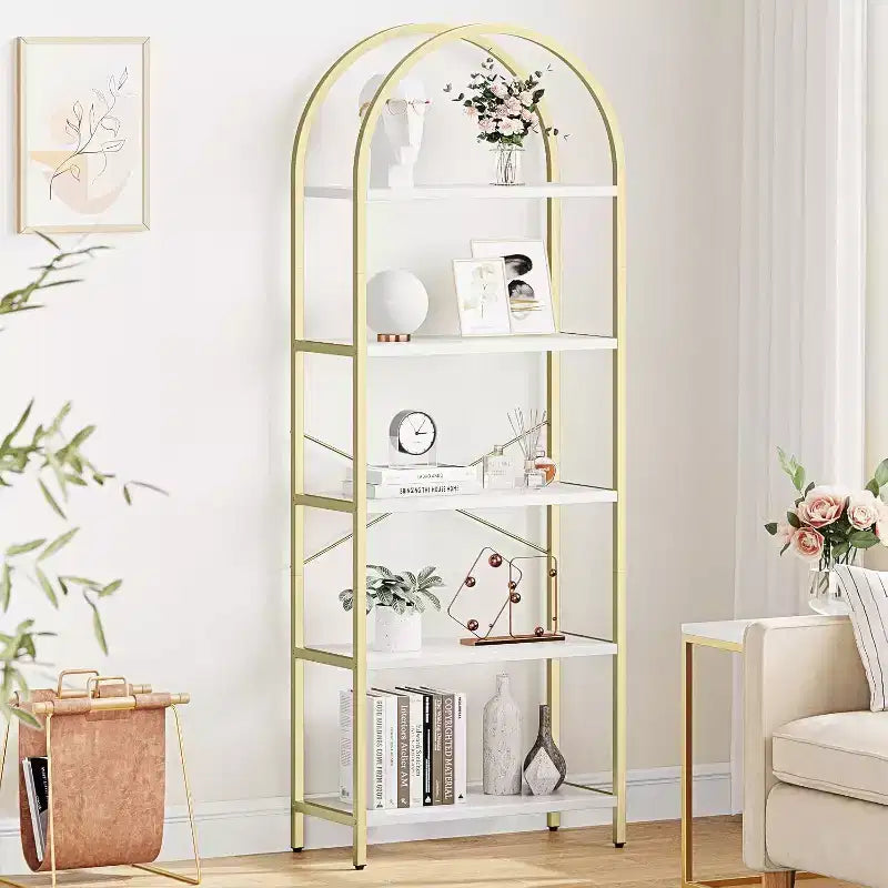 CuisinSmart 5 Tier Bookshelf, 2pcs Arched Bookshelf Display Shelf Rack, Metal+Wood Tall Standing Bookshelves for Home Office, Living Room, Gold-White