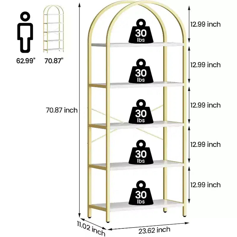 Estantería arqueada de 5 niveles en oro y blanco, uso individual