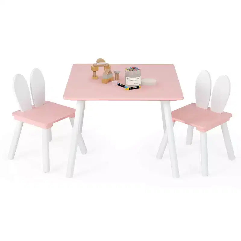 Mesa y 2 sillas infantiles con orejas de conejo, color blanco, edades de 3 a 6 años, para 2 niños