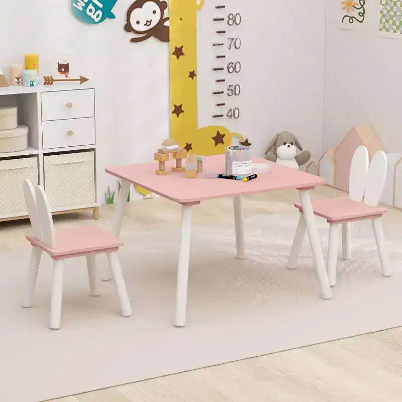 Mesa y 2 sillas infantiles con orejas de conejo, color blanco, edades de 3 a 6 años, para 2 niños