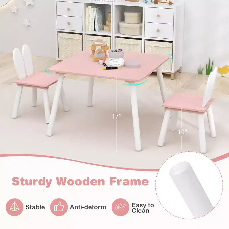 Mesa y 2 sillas infantiles con orejas de conejo, color blanco, edades de 3 a 6 años, para 2 niños