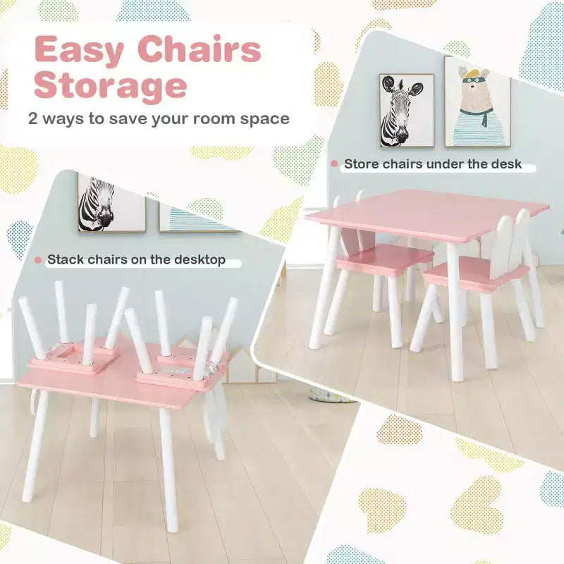 Mesa y 2 sillas infantiles con orejas de conejo, color blanco, edades de 3 a 6 años, para 2 niños