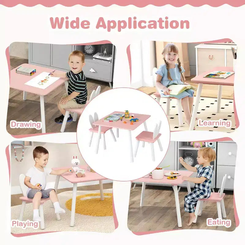 Mesa y 2 sillas infantiles con orejas de conejo, color blanco, edades de 3 a 6 años, para 2 niños