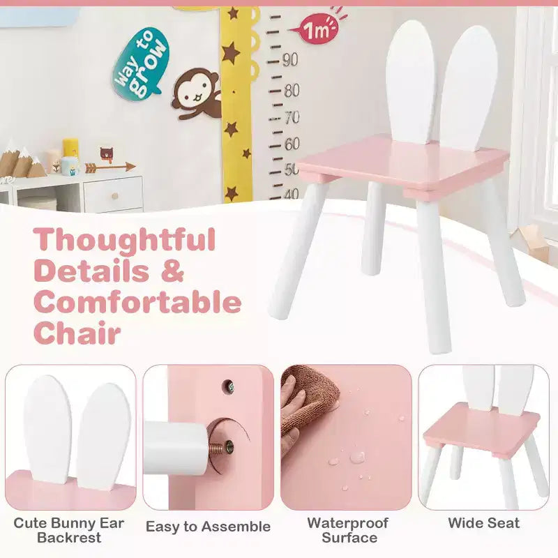 Mesa y 2 sillas infantiles con orejas de conejo, color blanco, edades de 3 a 6 años, para 2 niños