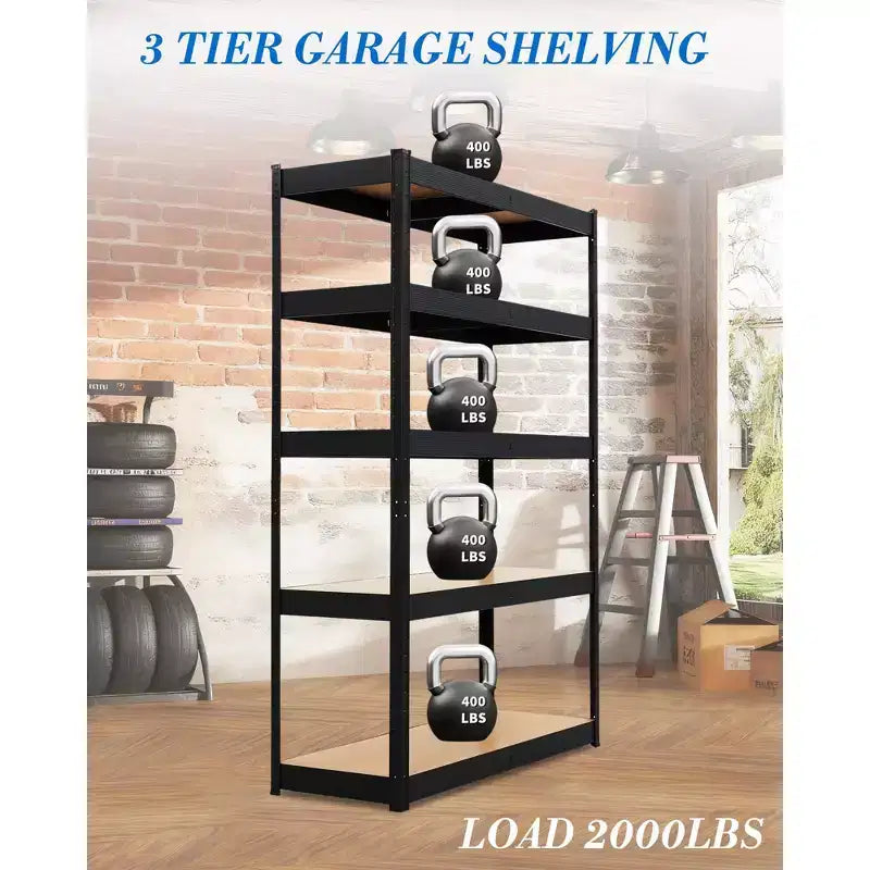 Estantería de Acero Negra Ajustable de 5 Niveles, Capacidad de 3000 lb
