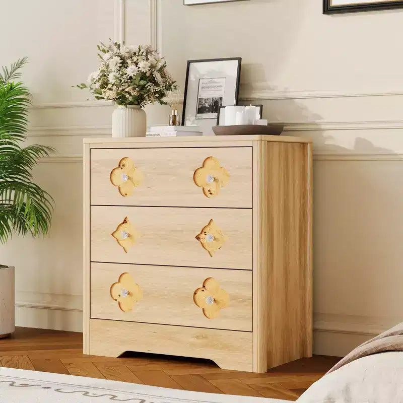 Cómoda de dormitorio de 3 cajones con armario de almacenamiento, natural/blanco