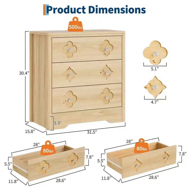 Cómoda de dormitorio de 3 cajones con armario de almacenamiento, natural/blanco