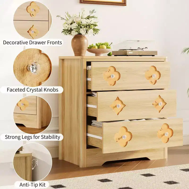 Cómoda de dormitorio de 3 cajones con armario de almacenamiento, natural/blanco