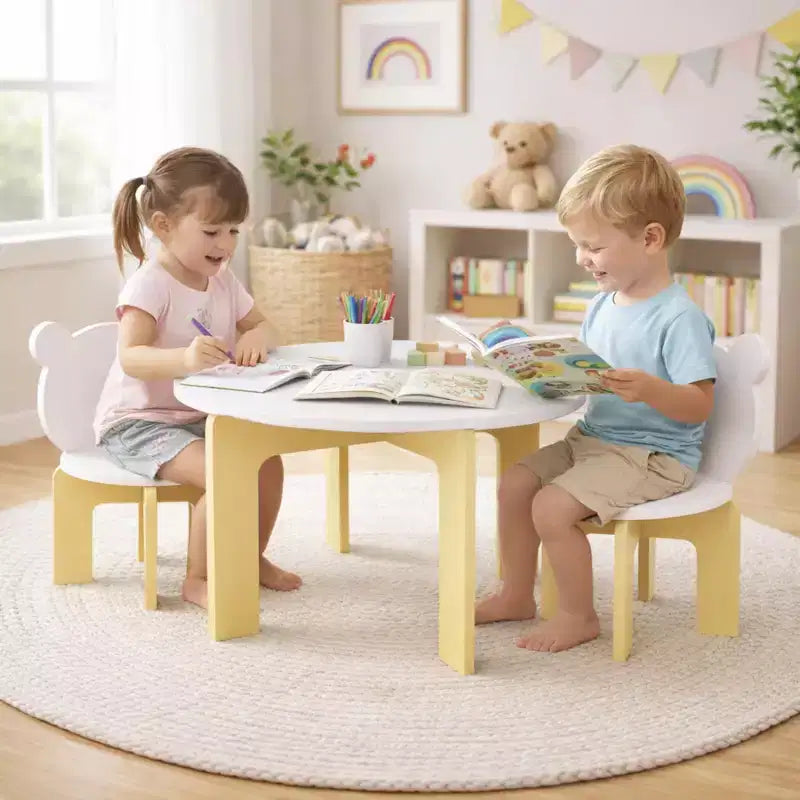 Juego de mesa redonda y 2 sillas blancas para niños, 3 piezas, edades 1 a 5