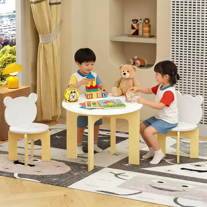 Juego de mesa redonda y 2 sillas blancas para niños, 3 piezas, edades 1 a 5
