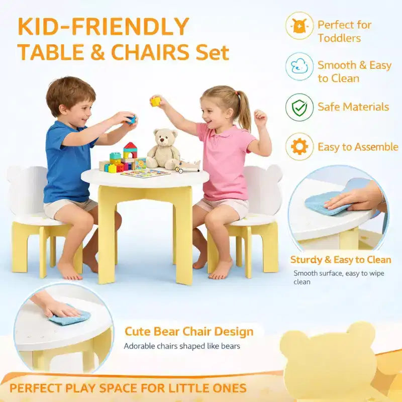 Juego de mesa redonda y 2 sillas blancas para niños, 3 piezas, edades 1 a 5