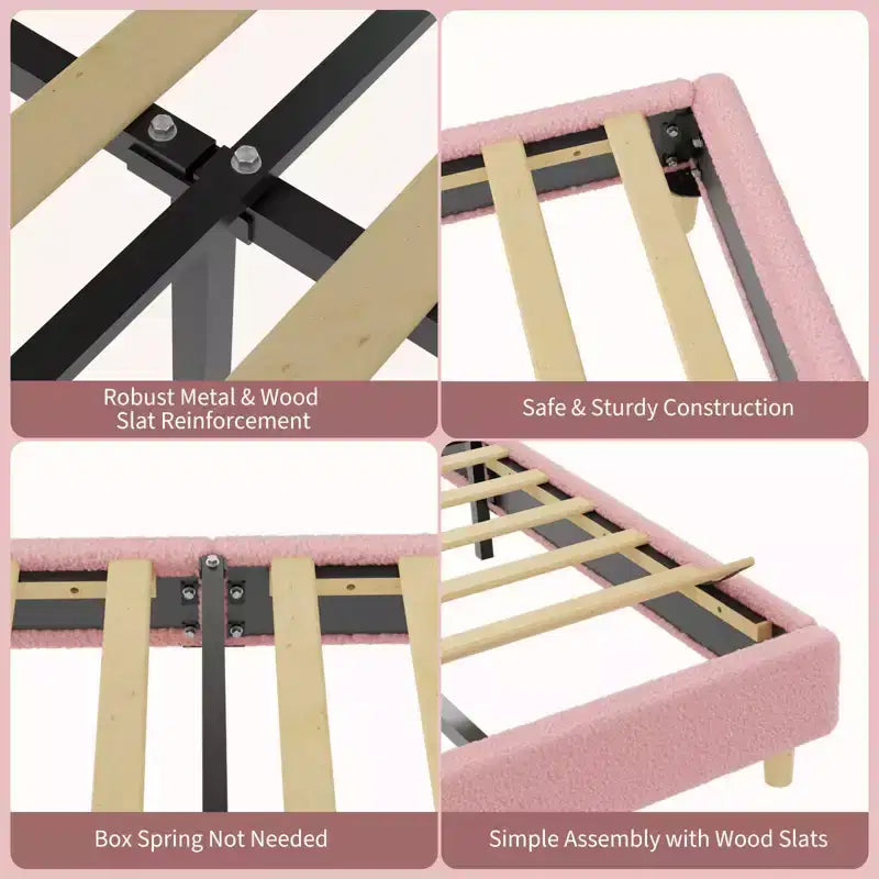 Marco de Cama Tapizado en Arco para Niños Azul/Rosa+Blanco — Individual, 1 Plaza