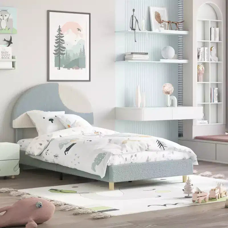Marco de Cama Tapizado en Arco para Niños Azul/Rosa+Blanco — Individual, 1 Plaza
