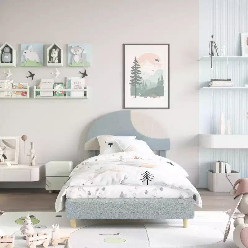 Marco de Cama Tapizado en Arco para Niños Azul/Rosa+Blanco — Individual, 1 Plaza