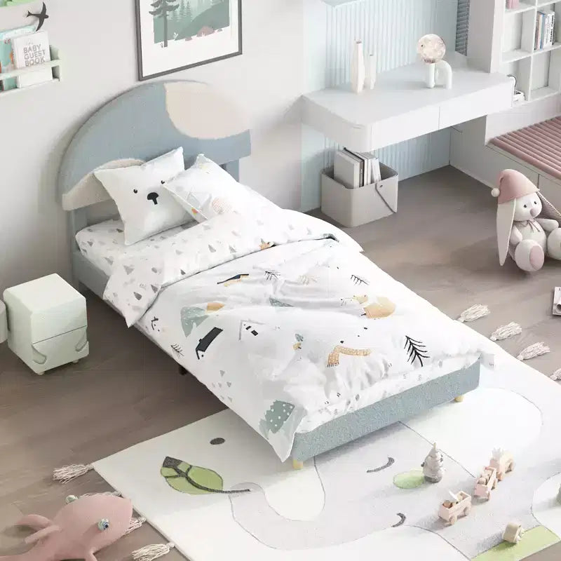 Marco de Cama Tapizado en Arco para Niños Azul/Rosa+Blanco — Individual, 1 Plaza
